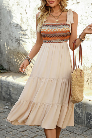 Light Kahki A Line Square Neck Long Summer Dress with Bow